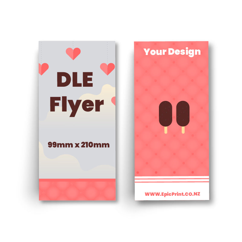 Two customizable flyer designs on a white background, one labeled 'DLE Flyer' and the other with ice cream graphics.
